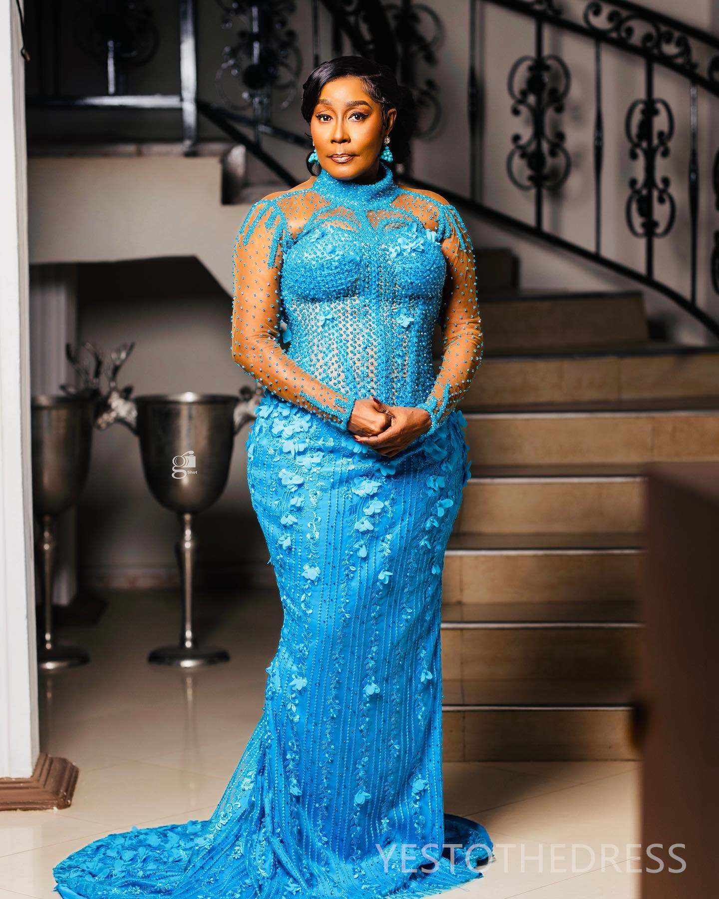 R&W 2024 Plus Size Aso Ebi Prom Mermaid Promdress High Neck Long Sleeves Illusion Beaded Crystals ra Lace 50th Birthday Dress Second Reception Gala Go