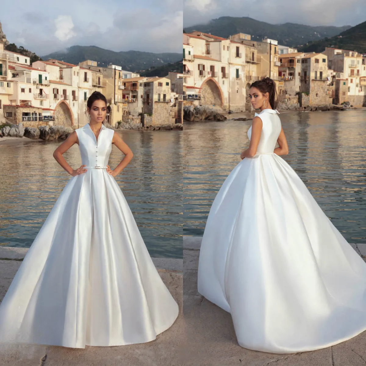 Winter Wedding Dresses High Neck Satin A E Sweep Train Sleeveless Country Bridal Gowns Zipper Back Elegant Dress 0212D