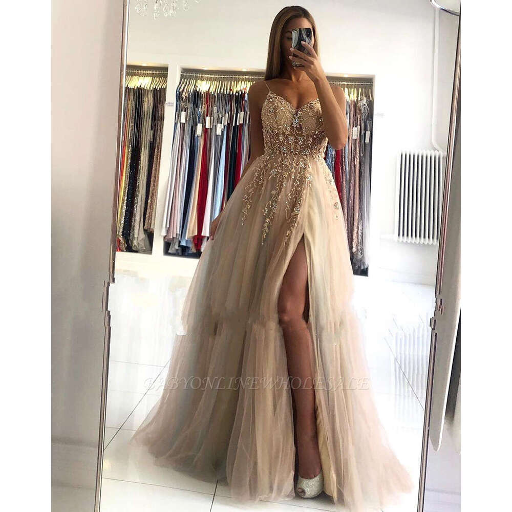 Spaghetti Strap Sparkly Sequined Beadings Evening Dresses For Women 2023 Pink Soft Tulle Party Gown High Split A Line Sleeveless