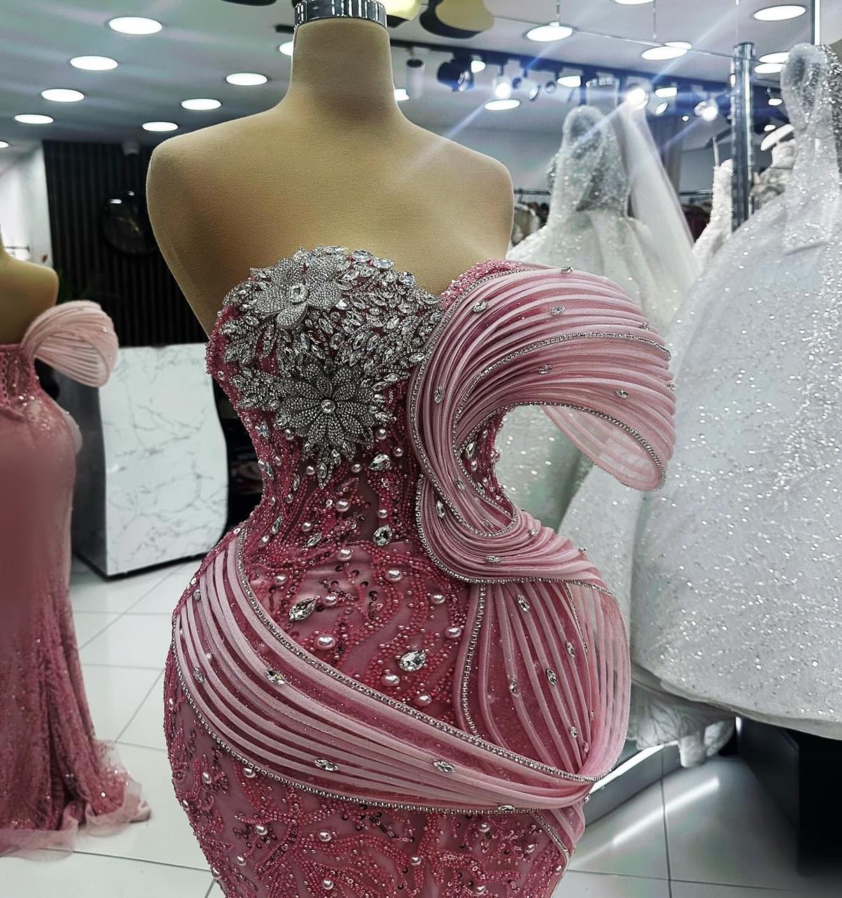 2024 Plus Size Blush Pink Mermaid Prom Dress Fulllace Promdress Crystals Evening Formal Party Second Reception Birthday Engagement Gowns Dresses Robe 