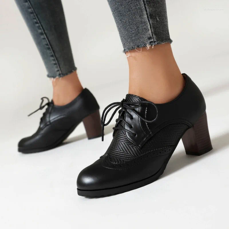 Dress Shoes 2024 Autumn British Retro Oxford Women's Pointed Casual Thick Mid-heel Leather Lace-up Flat Zapato