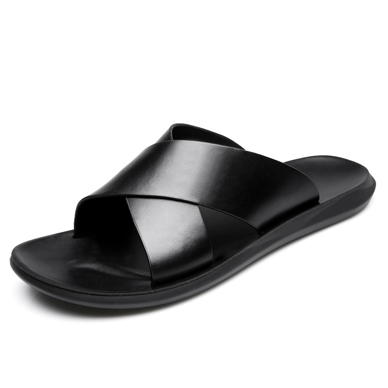 Leather Slippers For Men New Hotel Beach Summer Shoes High Quality Big Size Slip On Light Flats Male Flip Flops 2023