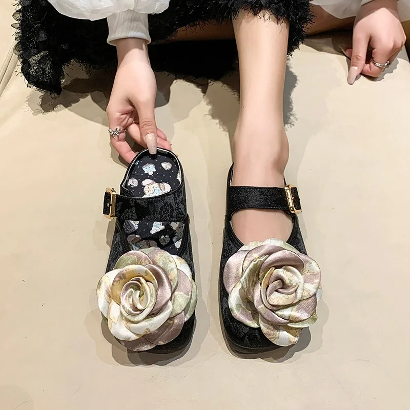 DOGHC French Mary Jane Shoes for Womens Summer Suede One Foot Square Toe Flat Bottomed Rose Single 240718