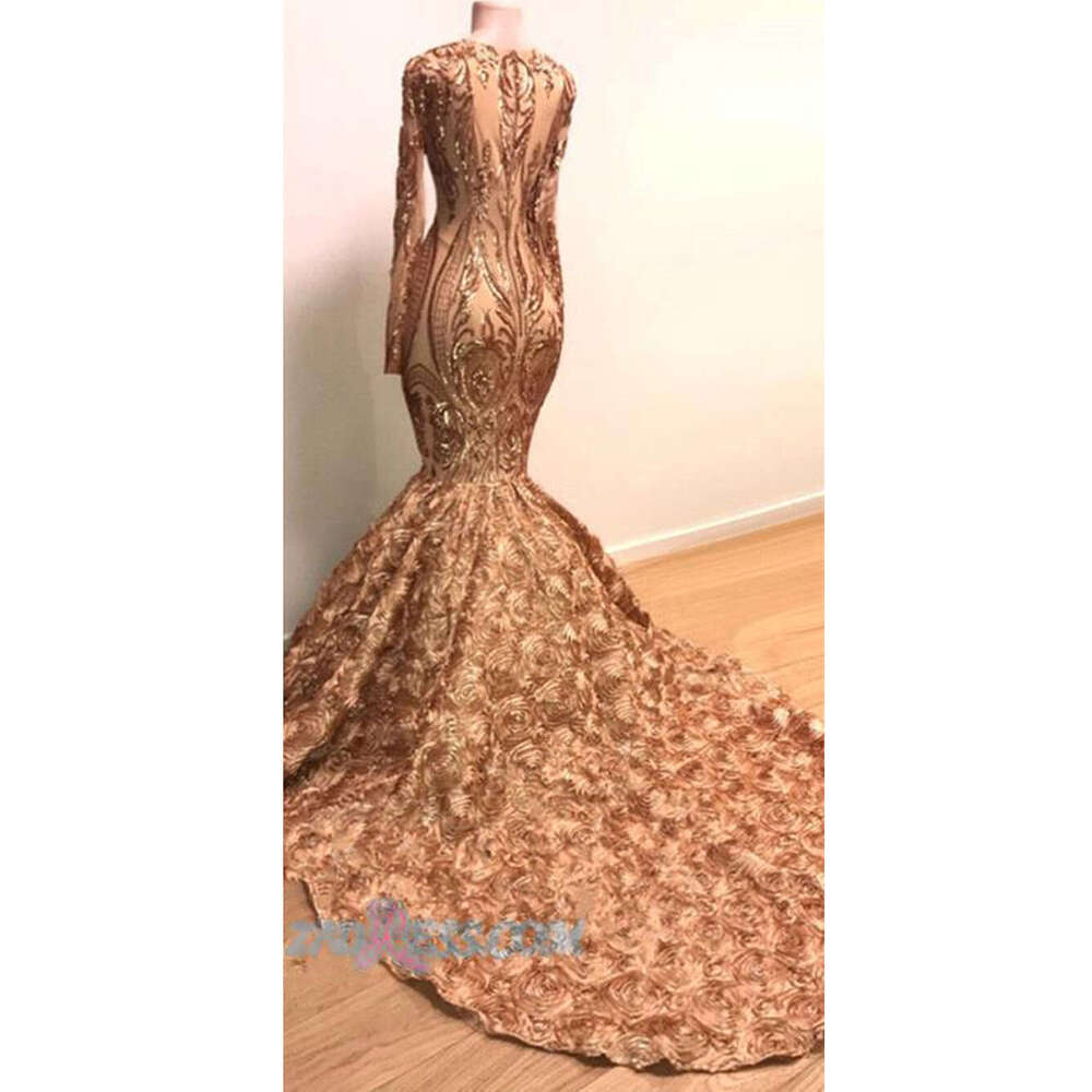 Long Sleeves Gold Evening Dress For Women Appliques Sparkly Sequined Mermaid Flare Flowers Sexy Deep V Neck Prom Gown Vestidos