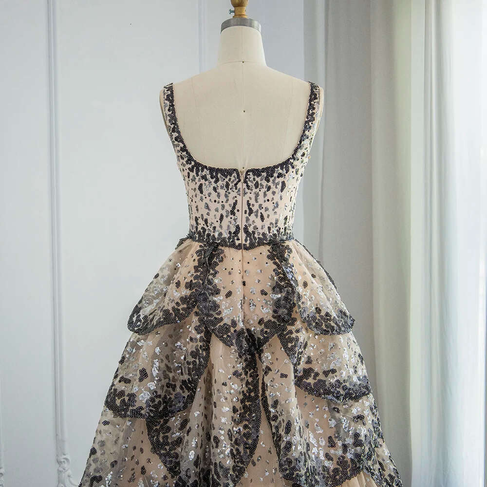 Sparkly Sequined Tiered Ruffles Evening Dresses Mermaid Arabia Square Collar Formal Party Prom Gowns Vestido De Fiesta
