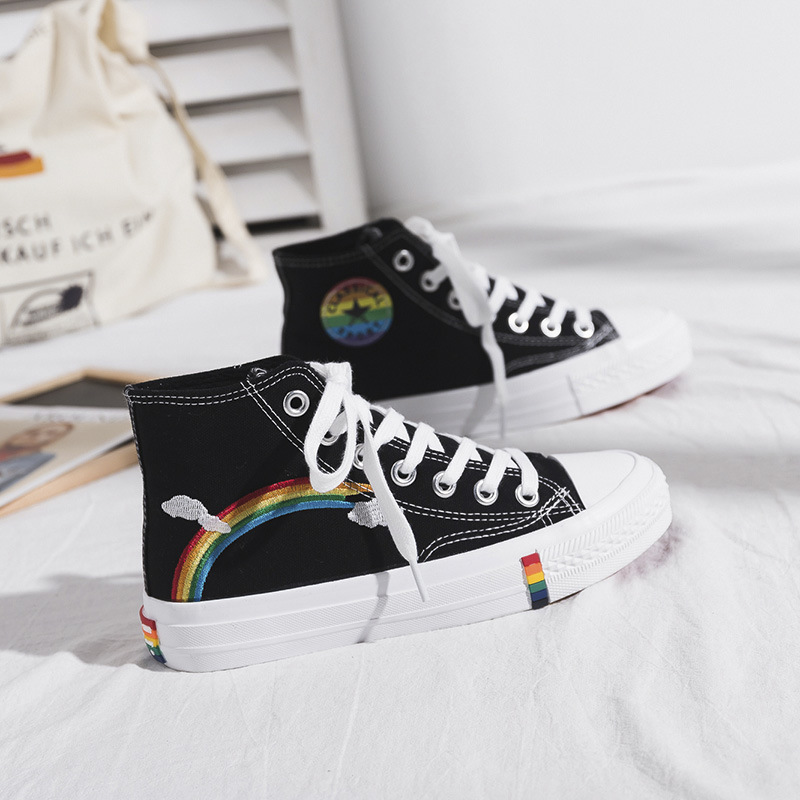 Canvas Sport Shoes Women High Top Rainbow Casual Sneakers Female Fashion 2024 Spring Flats Platform Lace Up Shoes Girls Tennis
