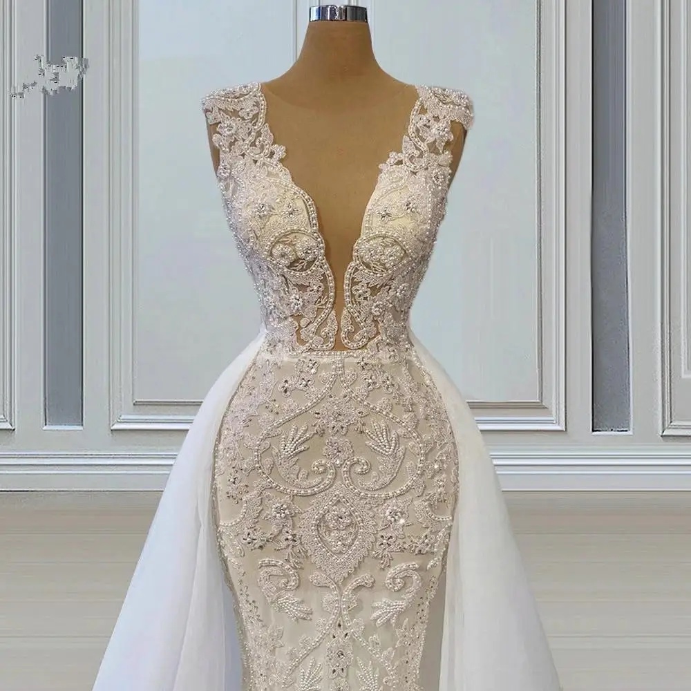 Stylish Mermaid Bridal Gowns Deep V Neck with Overskirt Wedding Dress Custom Made Lace Appliques Sleeveless Vestido de novia