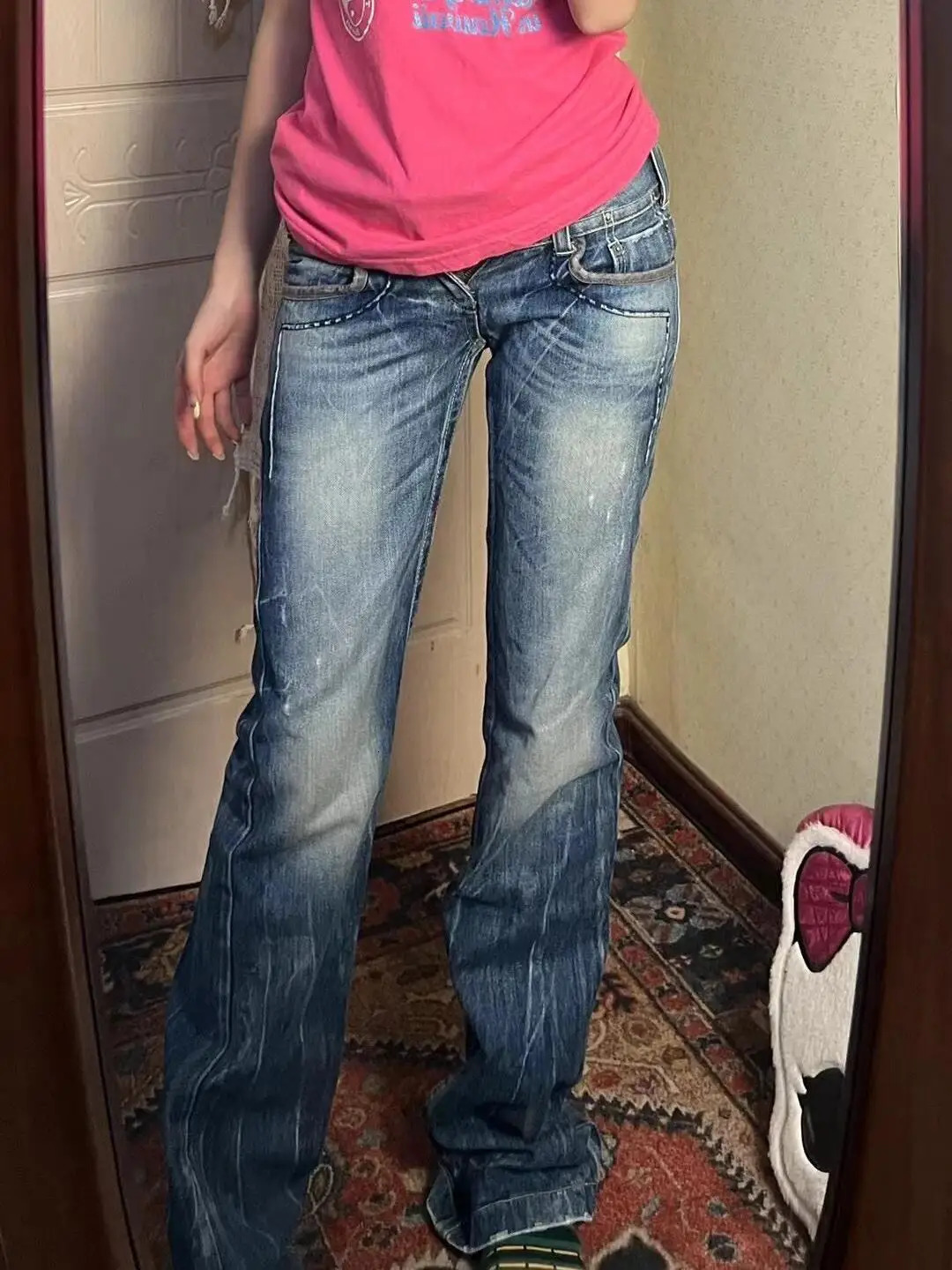 Y2k Girl Heavy Industry Wings Embroidered Pleated Jeans Retro Low-waisted Slim Fit Micro-flared Pants Women Clothing 240717