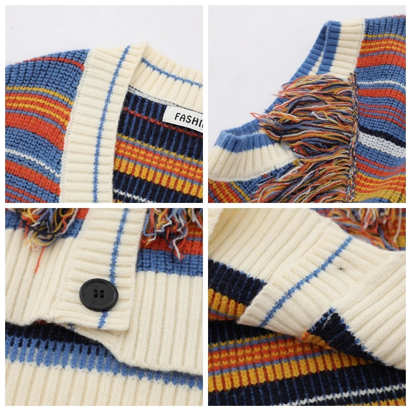 Baggy Tassels Striped Knitted Vest Harajuku Fashionable Casual Raw Edge Patchwork Sleeveless Knitwears Top Oversize Sweaters Y2k 240712