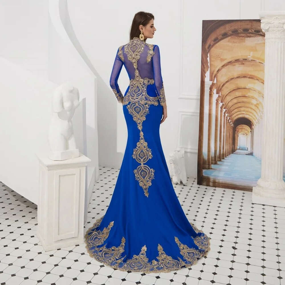 Royal Blue Embroidery Mermaid Evening Dresses For Women Muslim With Cape Long Sleeves Shawl Prom Party Gowns Robe De Soiree