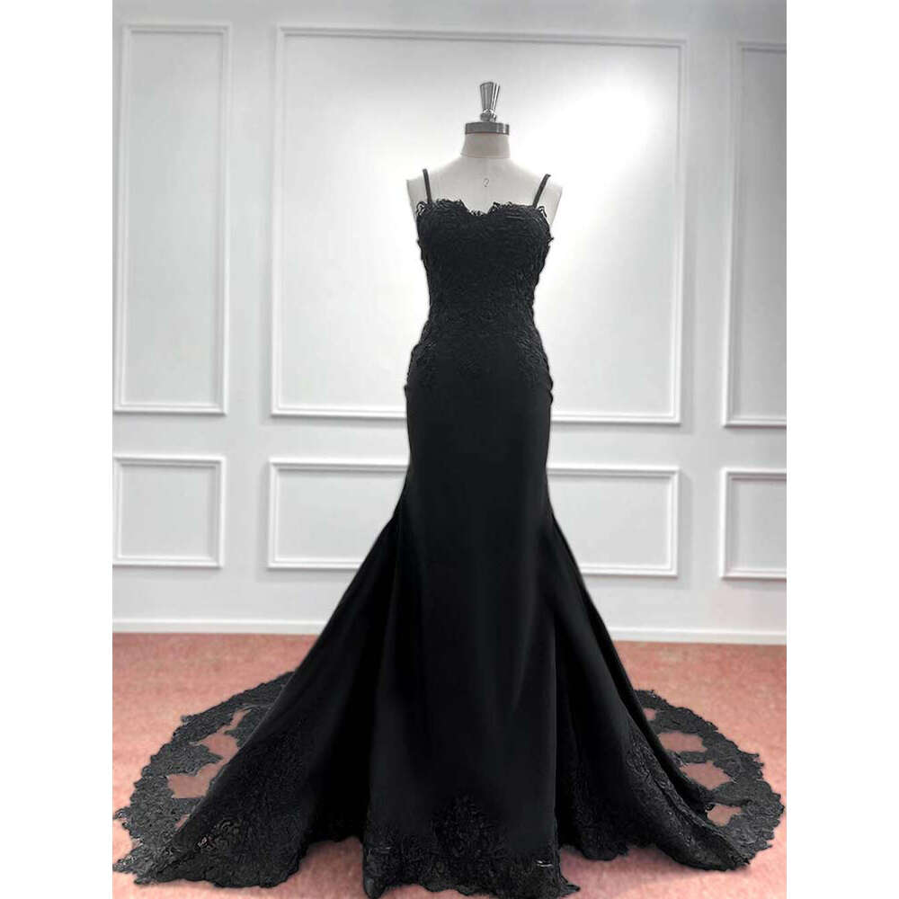 Black Lace Wedding Dresses Mermaid Women Spaghetti Straps Appliques Illusion Backless Bridal Gowns Vestidos De Novia