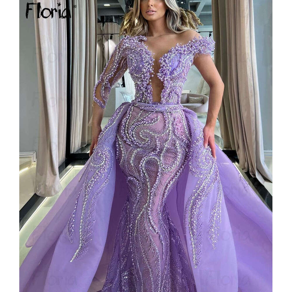 Gorgeous Lilac Deep V Neck Evening Dresses Heavy Handmade Beaded Mermaid Party Gowns Vestidos De Gala Customized 0719