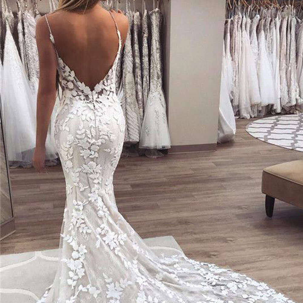 Mermaid Wedding Dresses 3D Floral Appliques Lace Backless Sweep Tulle Train Plus Size Boho Beach Bridal Gowns Robe De Novia