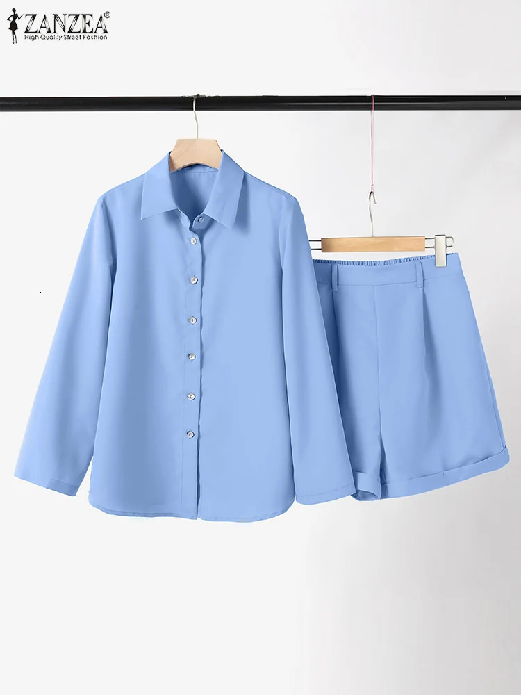 ZANZEA Womens Casual 2PCS Long Sleeve Shirt Set Retro Elastic Waist Short Clothes 2-piece Set 2024 Summer Korean Solid Set 240715