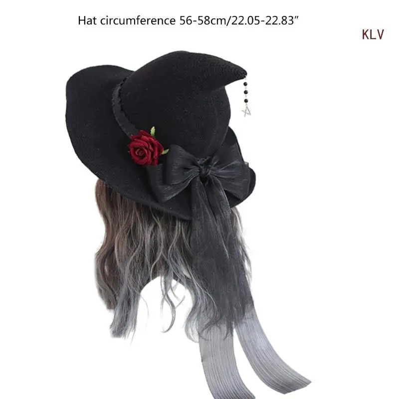 Halloween Witch Cap Wizard Hat Punk Bowknot Rose Hat Costume Headwear Lady Festival Headdress 240712