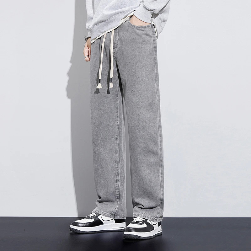 Jeans For Men Baggy Pants Men Trousers Wide Leg Jeans Loose Fit Light Grey Drawsting Elastic Waist Man Clothing Streetwear Homme 240712
