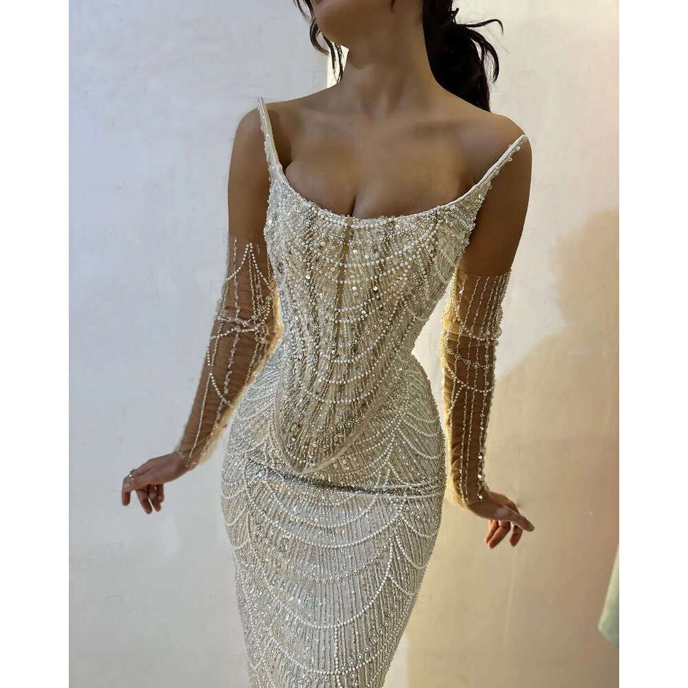 3 Pieces Suit Sequined Pearls Evening Dresses Mermaid Champagne Beaded Spaghetti Straps Formal Prom Party Gowns Vestidos