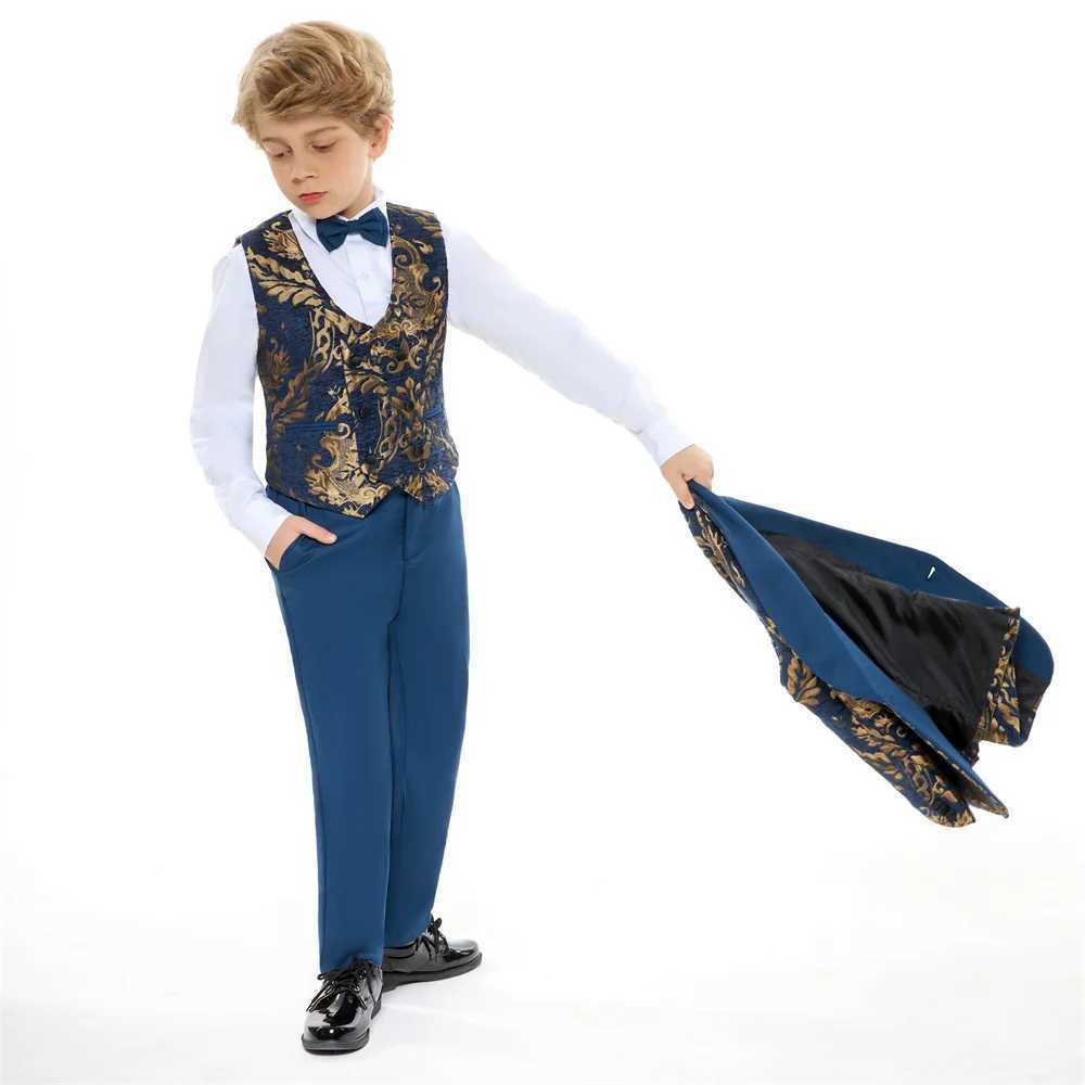 Suits Children Gold Printed Formal Wedding Suit Kids Jacket Vest Pants Photograph Dress Boys Tuxedo Suit Children Graduation Costume