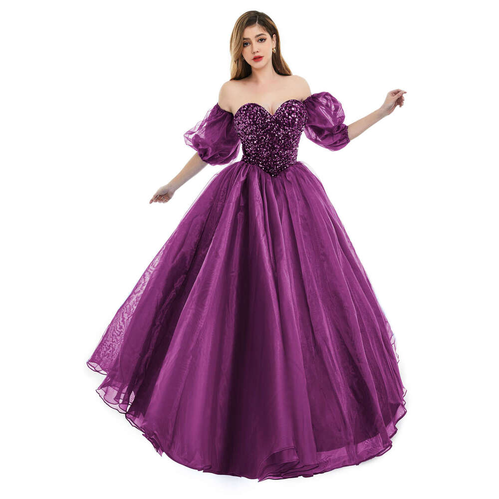 Sparkly Sequined Evening Dresses Royal Blue Tulle Puffy Sleeves Sweetheart Formal Party Prom Ball Gowns Lace Up Robe De Soiree