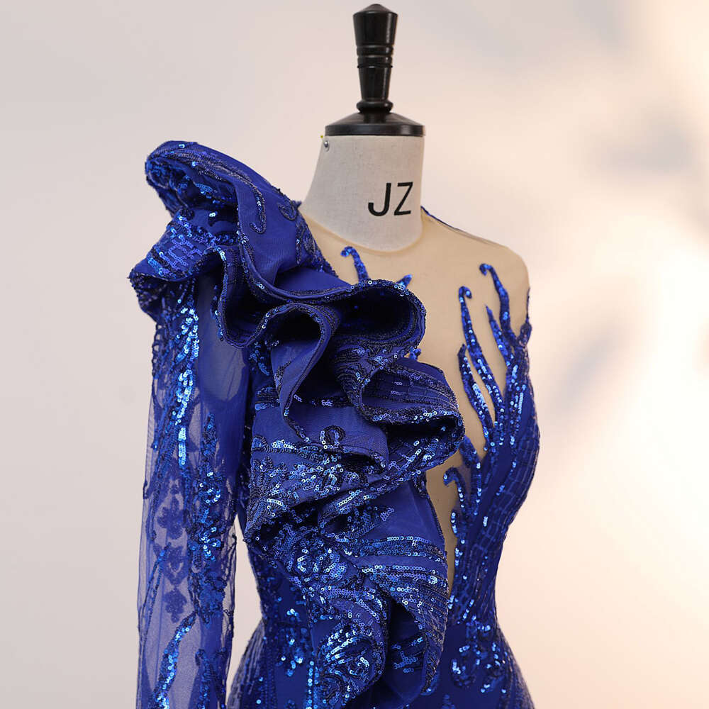 Vintage Royal Blue Lace Evening Dresses Deep V Neck Illusion One Shoulder Applique Ruffles Formal Party Prom Gown Robe De Soiree