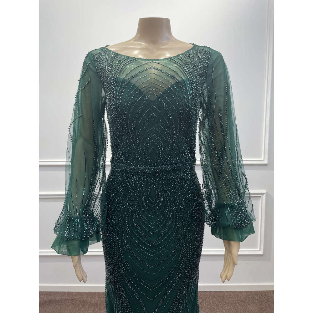 Mermaid Dark Green Sequined Tulle Evening Dresses Beading Long Lantern Sleeve Arabic Formal Party Prom Gowns Vestidos