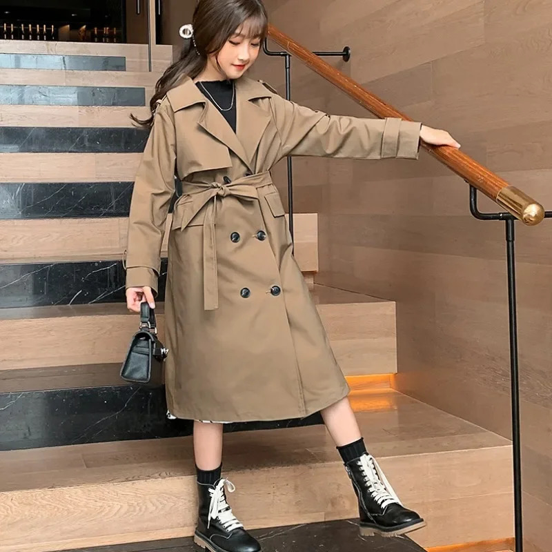 Spring Autumn Cotton Teen Girls Long Trench Coats Fashion England Style Windbreaker Jacket For Girls Children Clothing 240711
