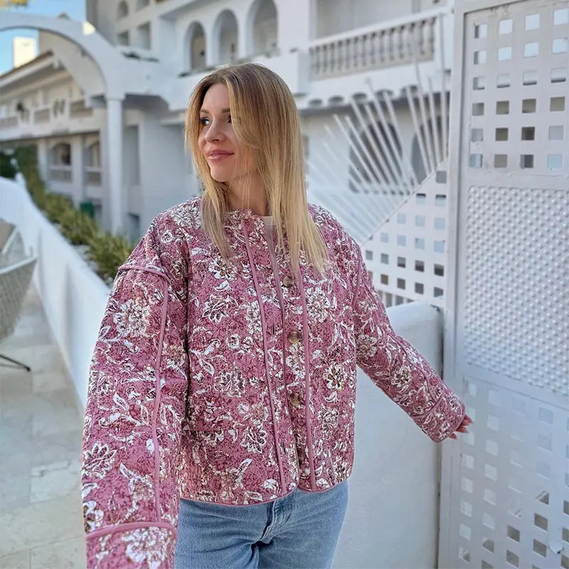 Fashion Print Quilted Jacket for Women Casual Long Sleeved Pocketed Zipper Coat Autumn Winter Commuting Female Overcoat 240715