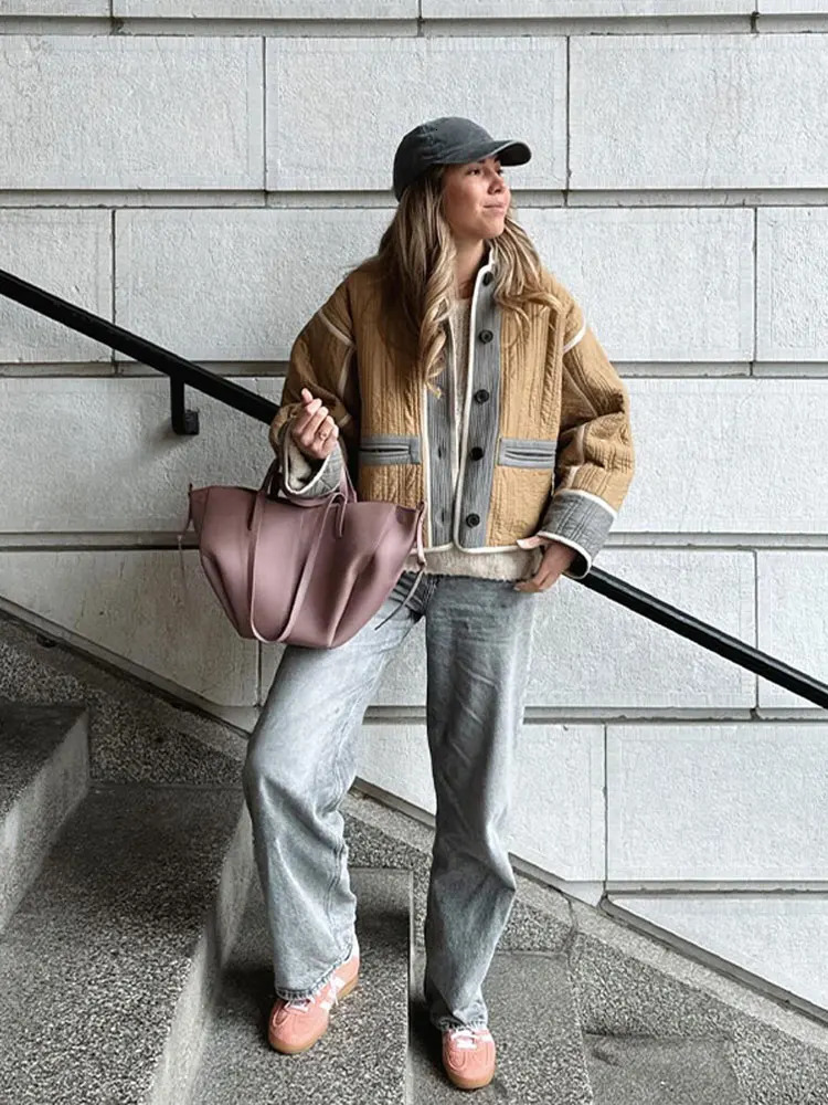 Fashion Print Quilted Jacket for Women Casual Long Sleeved Pocketed Zipper Coat Autumn Winter Commuting Female Overcoat 240715
