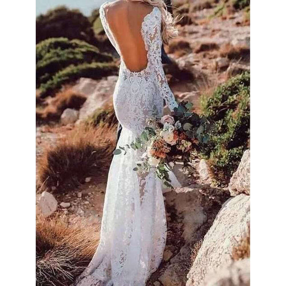 Beach Vintage Lace Wedding Dresses Open Back Long Sleeves Sweep Train V Neck Mermaid Bridal Gowns Boho Sexy Vestido De Mariee