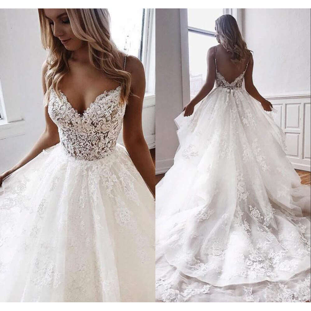 A Line Wedding Dresses V Neck Appliques Lace Spaghetti Straps Vestido De Novia Custom Made White Ivory Bridal Gowns