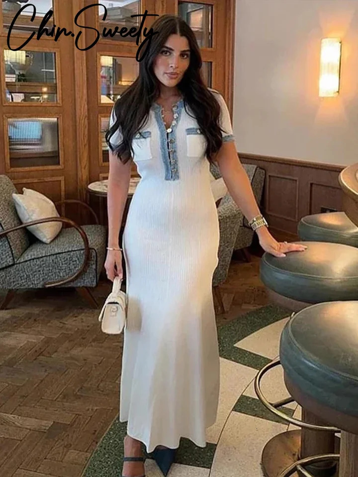 Elegant knitted Dress Women Slim Short-sleeve Single Breast Party Dresses Female Summer Fashion Lady Robes 240715