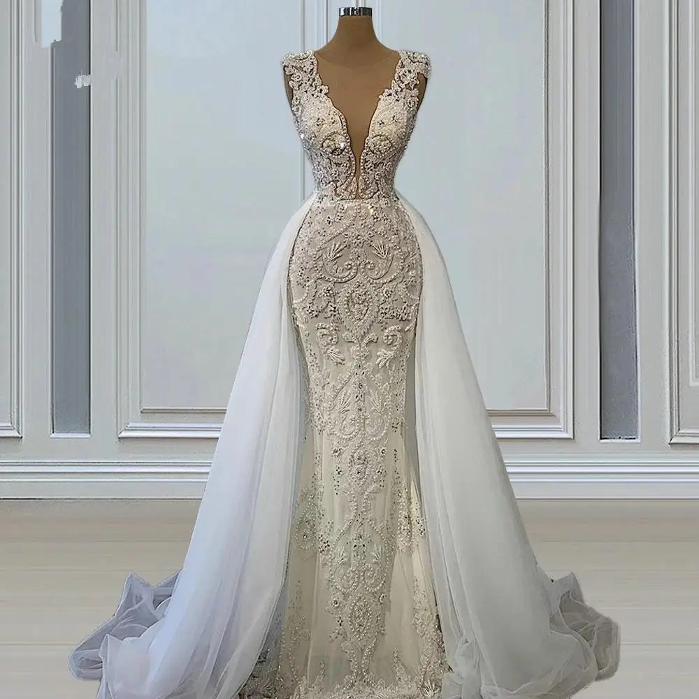 Stylish Mermaid Bridal Gowns Deep V Neck with Overskirt Wedding Dress Custom Made Lace Appliques Sleeveless Vestido de novia