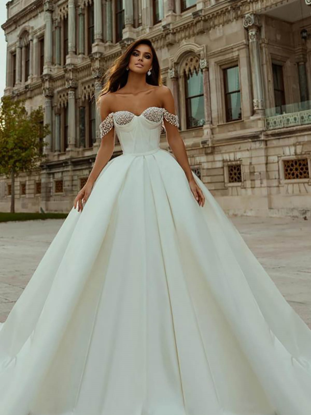 A Sexy E Wedding Dress Pearls Sweetheart Off Shoulder Bride Gowns Sleeveless Pleats Bridal Dresses Vestido De Novia es