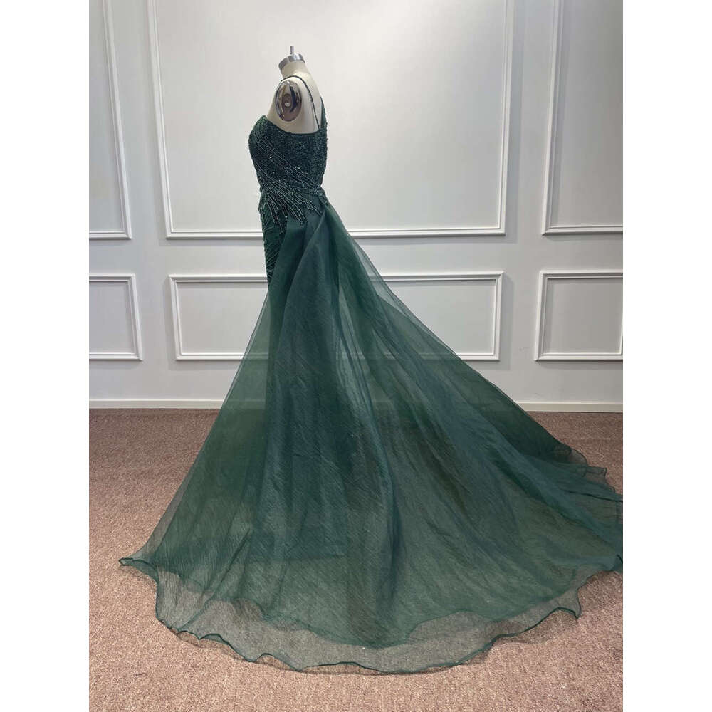Beading Pearls Tulle Evening Dresses One Shoulder Sequined Dark Green Mermaid Arabic Formal Party Prom Gowns Vestidos
