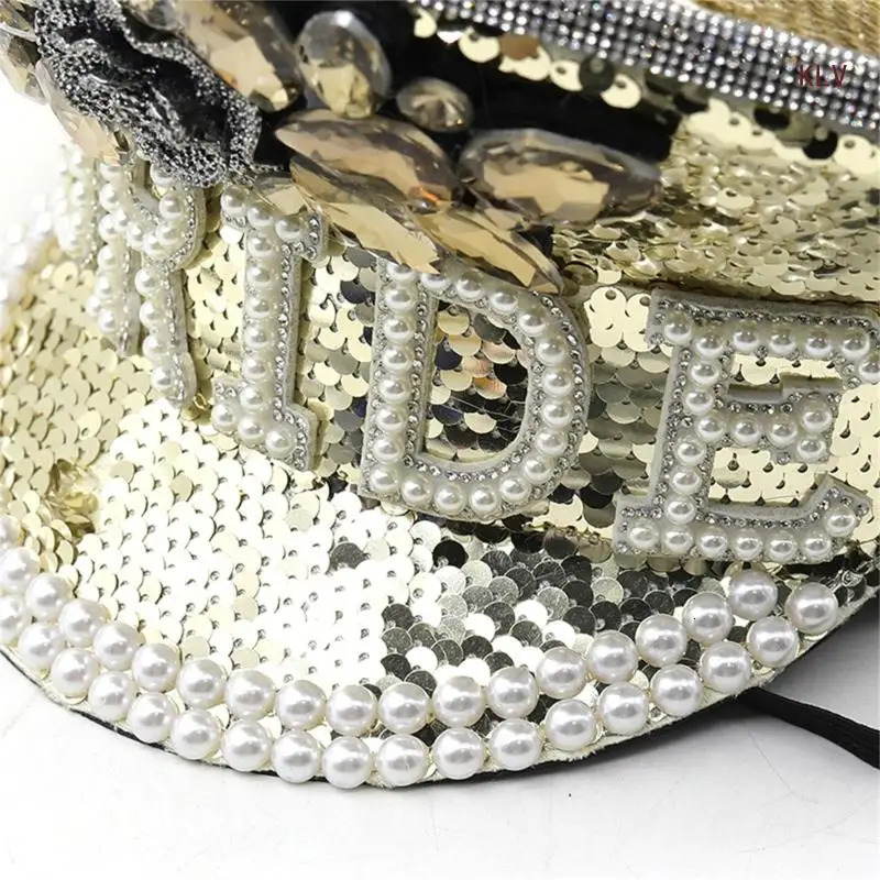 Hand Beaded Sequins Captain Hat Shimmering Crystal Hat for Bride Wedding Props Encrusted Layers Pearls Bride Costume 6XDA 240712