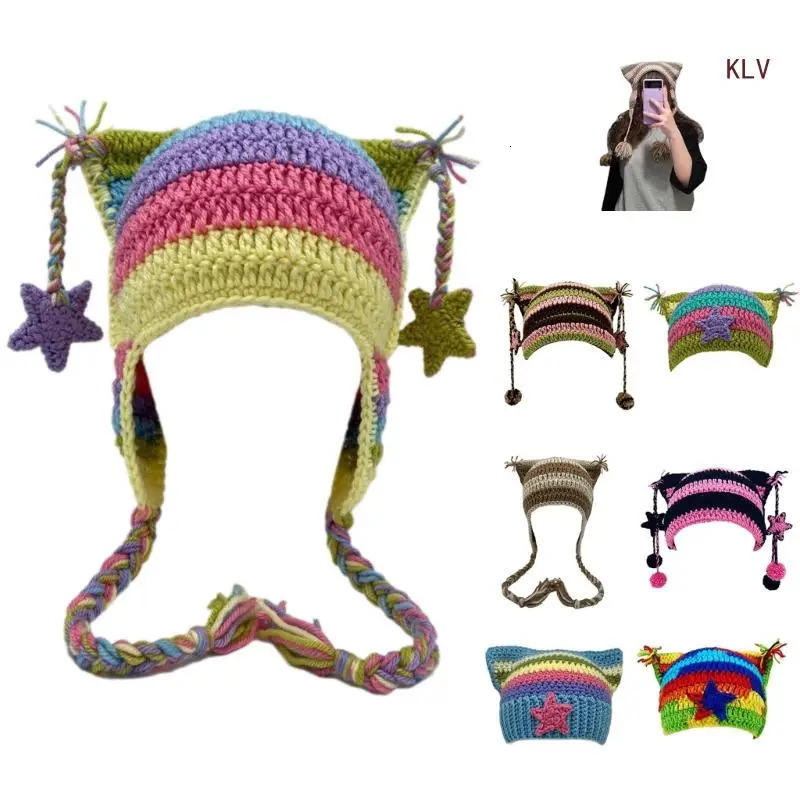 High Elastic Windproof Cat Ear Hat Knitted Stripe Pattern Hat for Women Men Keep Ear Warm Hat with Dangle Pompoms Decor 240712