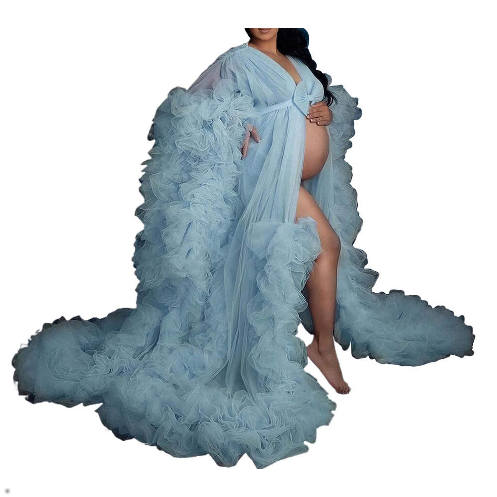 Bridal Ruffle Robe Wedding Gowns For Women Bride Bow Pregnancy Bathrobe Maternity Custom Made Tulle Robe for Photo Shoot