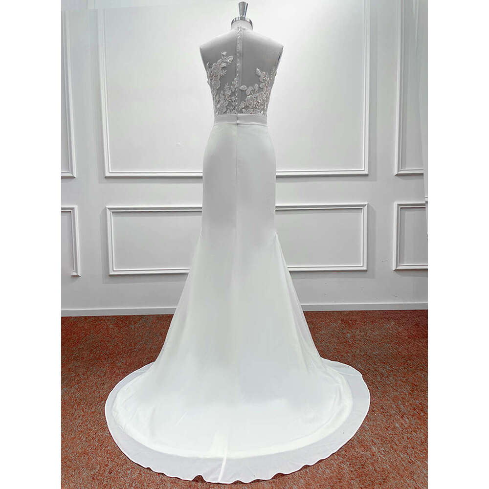 Mermaid Satin Appliques Wedding Dresses For Women Simple Lace Embroidery O Neck Illusion Sleeveless Bridal Gown Vestido De Novia