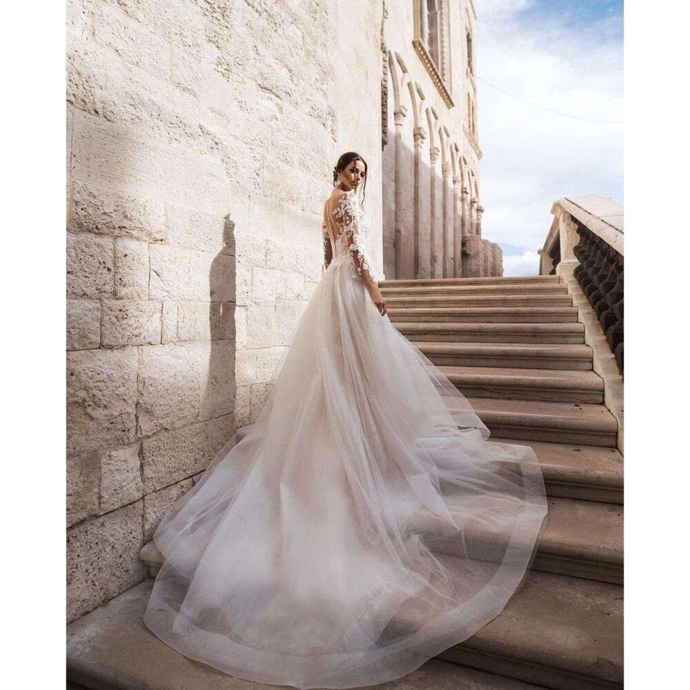 Romantic Detachable Train Mermaid Wedding Dresses Long Sleeves Bridal Gown Appliques Bride Robes Button Back Vestido De Noiva