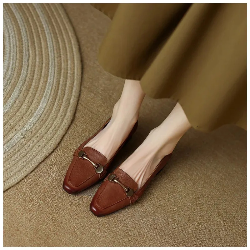 True Soft Leather Single Shoes Women Spring Square Head Middle Heel Thick 240718