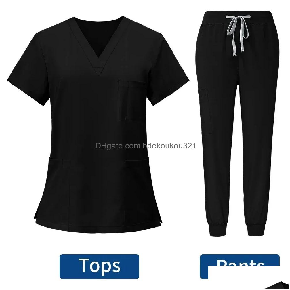 Women'S Two Piece Pants Anti Wrinkle Washable Soft Fabric Nurse Scrubs Hospital Uniform Women Jogger Sets Pair 240418 Drop Delivery A Dh90U