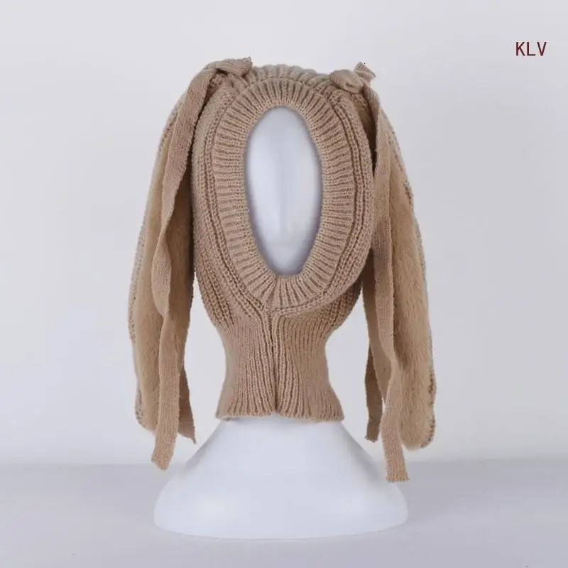 Winter Windproof Balaclava Hat Solid Color Long Rabbit Ears Bow Knit Scarf Collar Hat Earflap Bomber Hat for Women 240712
