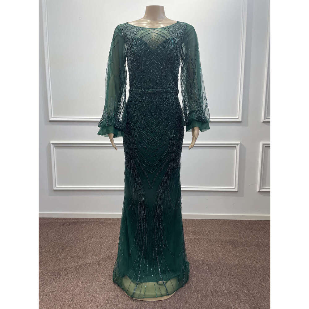 Mermaid Dark Green Sequined Tulle Evening Dresses Beading Long Lantern Sleeve Arabic Formal Party Prom Gowns Vestidos