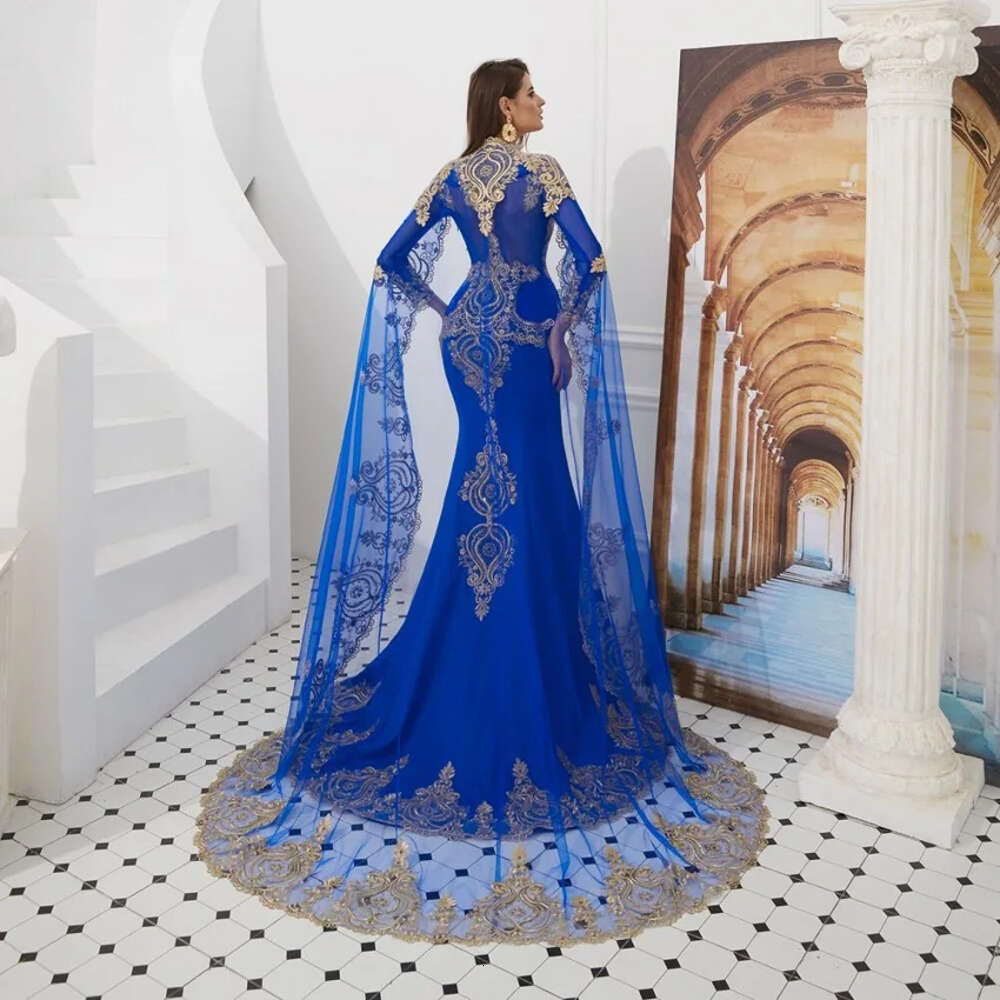 Royal Blue Embroidery Mermaid Evening Dresses For Women Muslim With Cape Long Sleeves Shawl Prom Party Gowns Robe De Soiree