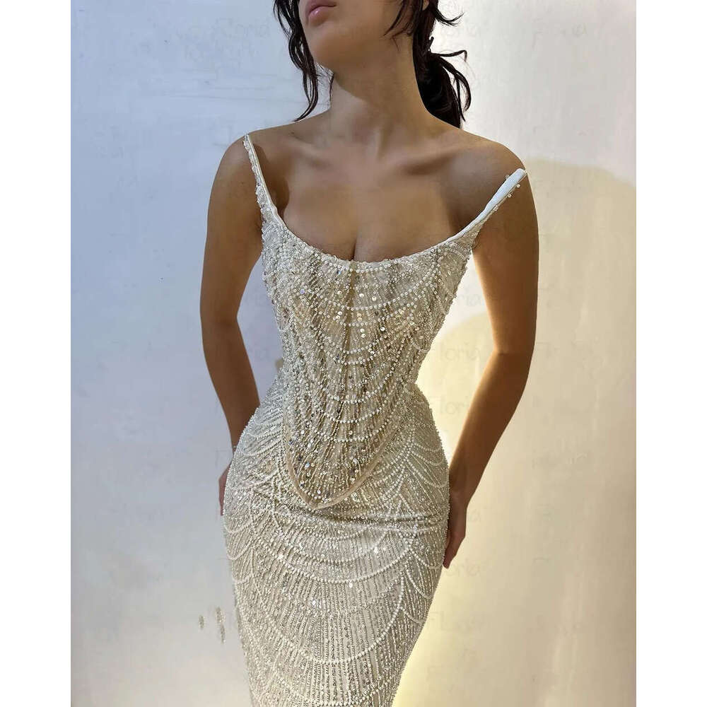 3 Pieces Suit Sequined Pearls Evening Dresses Mermaid Champagne Beaded Spaghetti Straps Formal Prom Party Gowns Vestidos