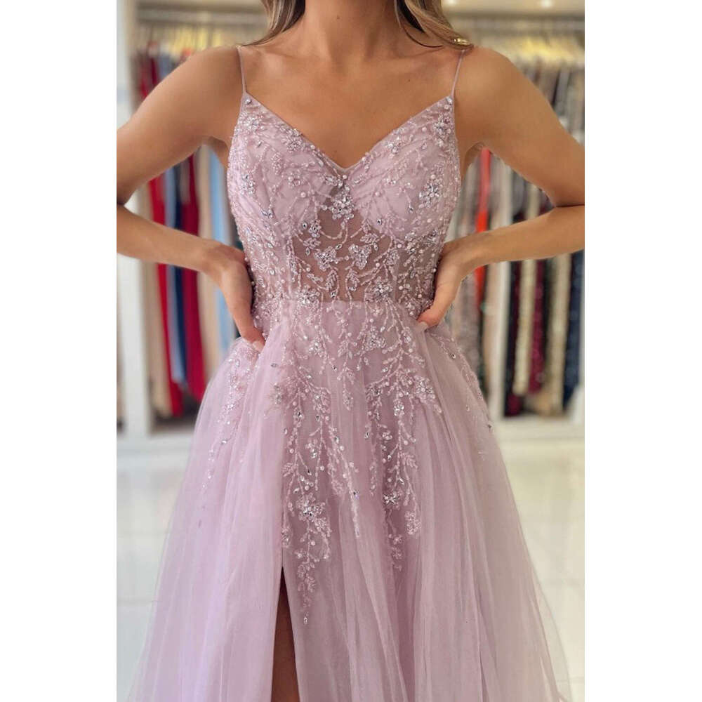 Spaghetti Strap Sparkly Sequined Beadings Evening Dresses For Women 2023 Pink Soft Tulle Party Gown High Split A Line Sleeveless