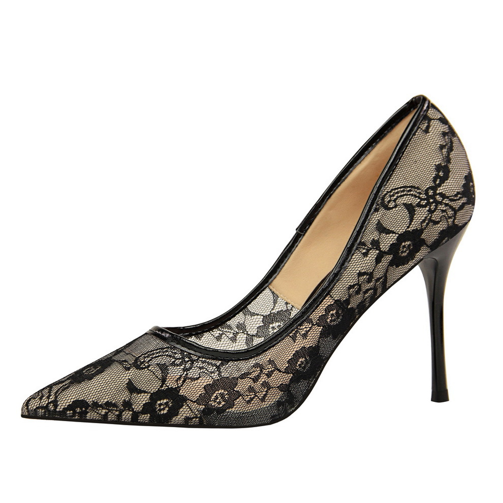 High BIGTREE Sexy Party Hollow Pointed Toe Lace 9CM Thin Heels Fashion Dress New Women Shoes Black ef94