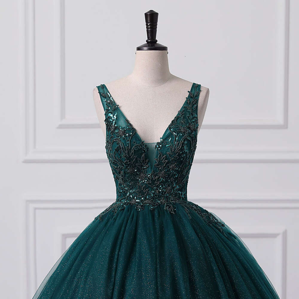 Glitter Sequined Beaded Evening Dress Dark Green Tulle Sexy V Neck Sleeveless Formal Party Prom Ball Gown Lace Up Robe De Soiree