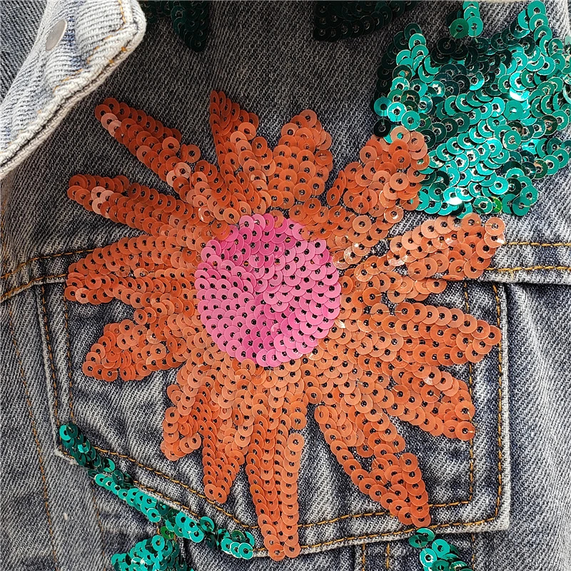 Fashion Sequins Sunflower Autumn Denim Woman Jacket Loose Blue Spring Jean Clothes Coats Womens Clothing Kurtka Jeansowa 240717