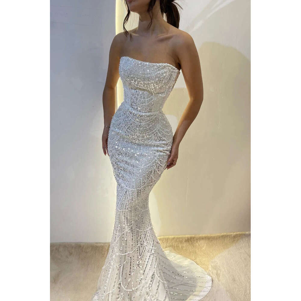 White Strapless Mermaid Evening Dresses Sequined Beaded Elegant Pearl Sexy Long Formal Prom Party Gowns Vestido De Fiesta